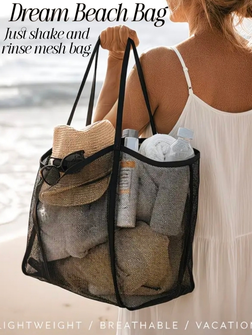 Mesh Beach Tote Lightweight Summer Bag ! Just Shake And Rinse!! Done ! No Mess
